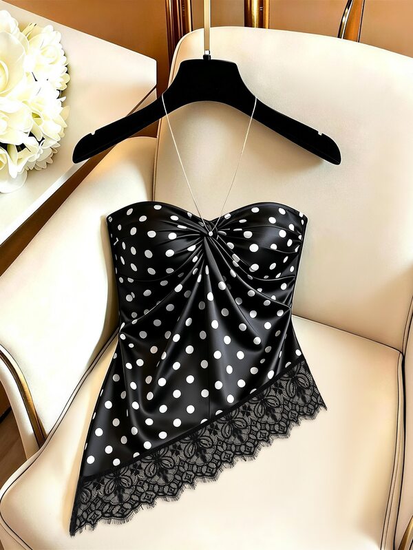 SHEIN Women's Elegant Lace Asymmetrical Hem Bandeau Twist Satin Blouse, Black Top, Lace Top, Bandeau Top, Twist Top, Casual Top, Elegant Top, Women's Workwear, Commute Outfit, Social Top/Office Top, Women's Beach Outfit, Summer Top, Outing Commute Top