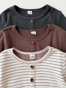 男嬰秋冬多件套圓領長袖簡約百搭休閒上衣，搖粒絨面料，適合秋冬戶外露營野餐、幼兒園校園日常休閒、公園散步穿著 - 棕色 - 查看 4