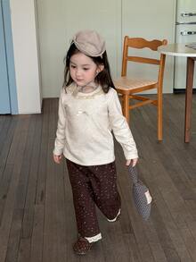 DAZY Baby Girl Bow Decor Casual Round Neck Long Sleeve Top Fall - Apricot - View 6