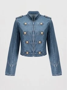 GlowEve Women's Fashion Versatile Double-Breasted Long Sleeve Denim Jacket - Blue - View 3