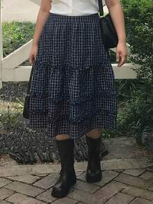 Dazy Plus Korean Style Plaid Skirt For Girls, Spring Summer Autumn All-Season Versatile - Navy Blue - View 4