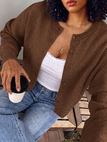 SHEIN BASICS Women's Solid Color Long Sleeve Single-Breasted Knit Cardigan - Coffee Brown - View 5