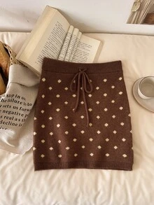 CosyJoli Lässiger Damen-Strickrock für Zuhause und Feiertage, figurbetonter Bodycon-Rock für Herbst/Winter, kaffeebraun mit gelben Punkts, Strickrock mit Schleife vorne - Kaffeebraun - Übersicht 1