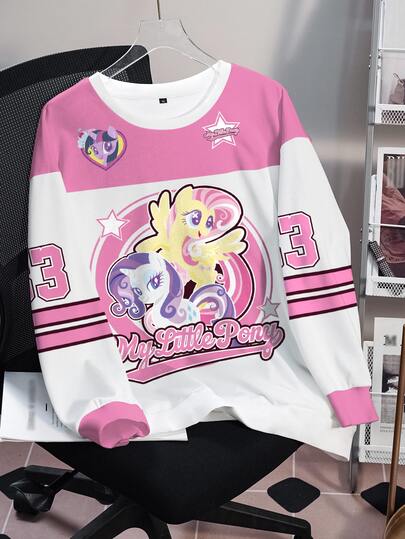 My Little Pony X SHEIN Plus Size Color Block Patchwork Cartoon Print Crew Neck Sweatshirt
