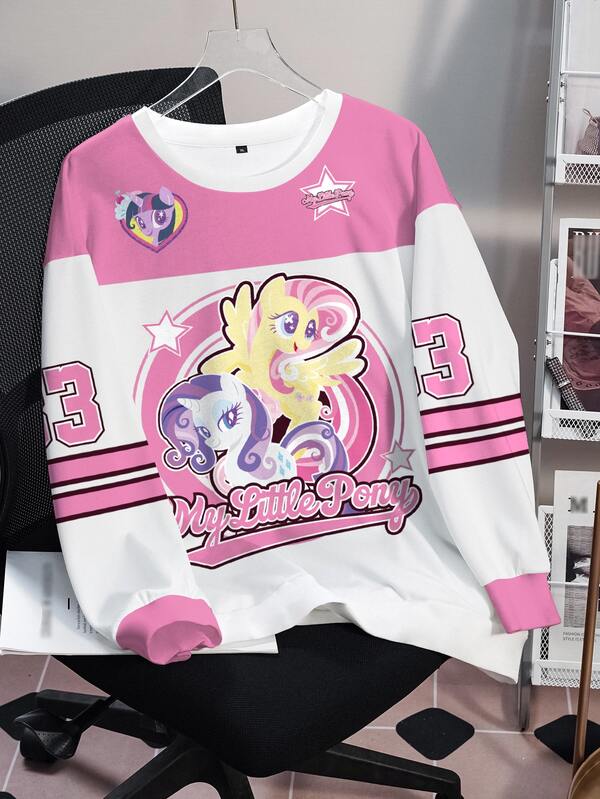 My Little Pony X SHEIN Plus Size Color Block Patchwork Cartoon Print Crew Neck Sweatshirt