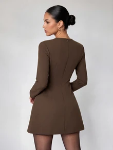 Firerie Women's Solid Color Button Design Long Sleeve Elegant Short Dress - Brown - View 2