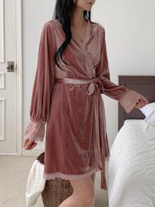 DAZY Women's Elegant Lace Trim Robe With Belt Fall - Dusty Pink - View 12