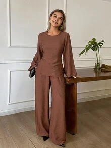 DAZY 女款純色收腰套頭上衣配長袖喇叭袖與直筒長褲，優雅正式度假風春/秋兩件套 - 咖啡棕 - 查看 6