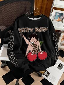 Betty Boop x SHEIN Women's Casual Cartoon Print Sweatshirt, Autumn/Winter - White - View 3