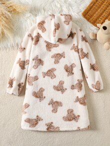 SHEIN 少女秋/冬款寬鬆保暖內裡加厚雙面絨毛可愛卡通熊印花連帽袋鼠口袋長袖睡衣家居服睡袍 米色女童睡衣 - 白色 - 查看 2