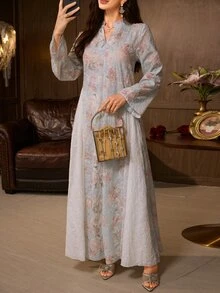 Al Najma Exquisite Embroidered & Printed Loose Fit Flared Women's Turkish Long Shirt & Arabic Traditional Long Shirt - Blue - View 4