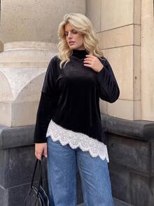 Dripcurv Blus Ukuran Besar Musim Gugur/Dingin Elegan dengan Blok Warna dan Patchwork Renda, Atasan untuk Acara Keluar, Pakaian Kerja untuk Wanita di Kantor, Blus Wanita Elegan, Atasan Chic untuk Musim Gugur - Hitam dan Putih - View 4