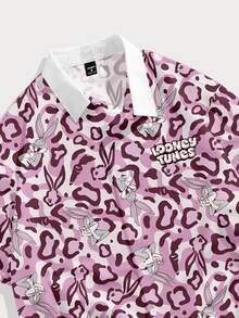 LOONEY TUNES X SHEIN FROVYX Men's Pink Leopard Print Rabbit All-Over Print Cropped Shirt, Suitable For Casual Daily Wear - Multicolor - View 3