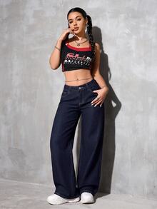 Jeanoix Petite Y2K Casual Washed Low Waist Wide Leg Women's Denim Jeans - Dark Wash - View 5