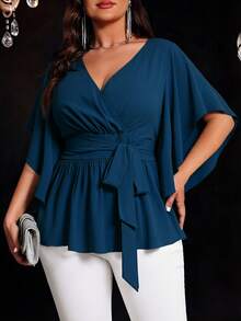 Auvina Plus Size Women's Solid Color Fitted V-Neck Short Sleeve Tie Waist Ruffle Hem Elegant Daily Party Blouse - Teal Blue - View 6