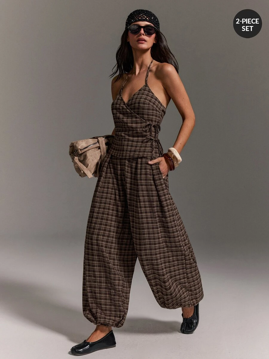 Athîral Women's Brown Plaid 2 Pieces Set,Halter Neck Wrap Tie Top,Sleeveless Backless Blouse,Balloon Pants For Daily Wear,Dating And Parties,Holiday Clothes - Coffee Brown - View 1