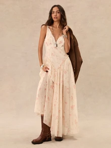 Easelle Vintage Bohemian Floral Print Contrast Lace Cami Dress - Multicolor - View 5