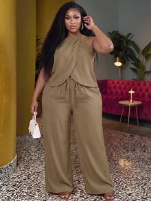 Slaydiva Plus Wrap Cross Backless Halter Top & Wide Leg Pants - Multicolor - View 1