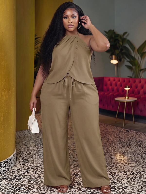 Slaydiva Plus Wrap Cross Backless Halter Top & Wide Leg Pants