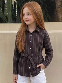 DAZY Tween Girl) Striped Long Sleeve Fashion Tie-Front Casual Shirt, Autumn New Arrival - Brown - View 1