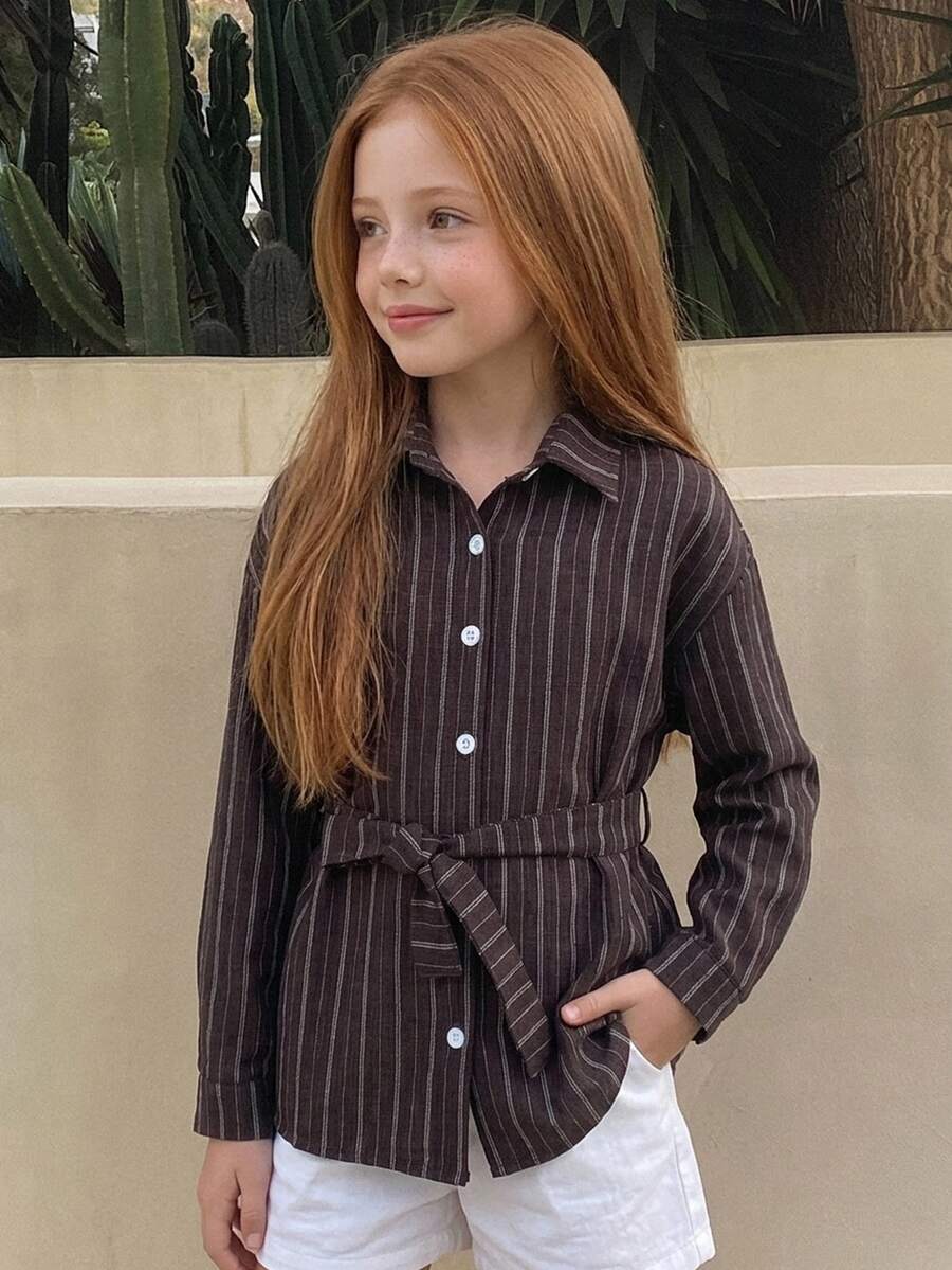 DAZY Tween Girl) Striped Long Sleeve Fashion Tie-Front Casual Shirt, Autumn New Arrival - Brown - View 1