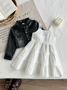 SHEIN Vintaside Kids 女嬰春秋短款黑色PU皮革夾克與白色提花肩帶洋裝2件套，優雅時尚，適合室內/戶外拍照及其他場合 - 黑與白 - 查看 1