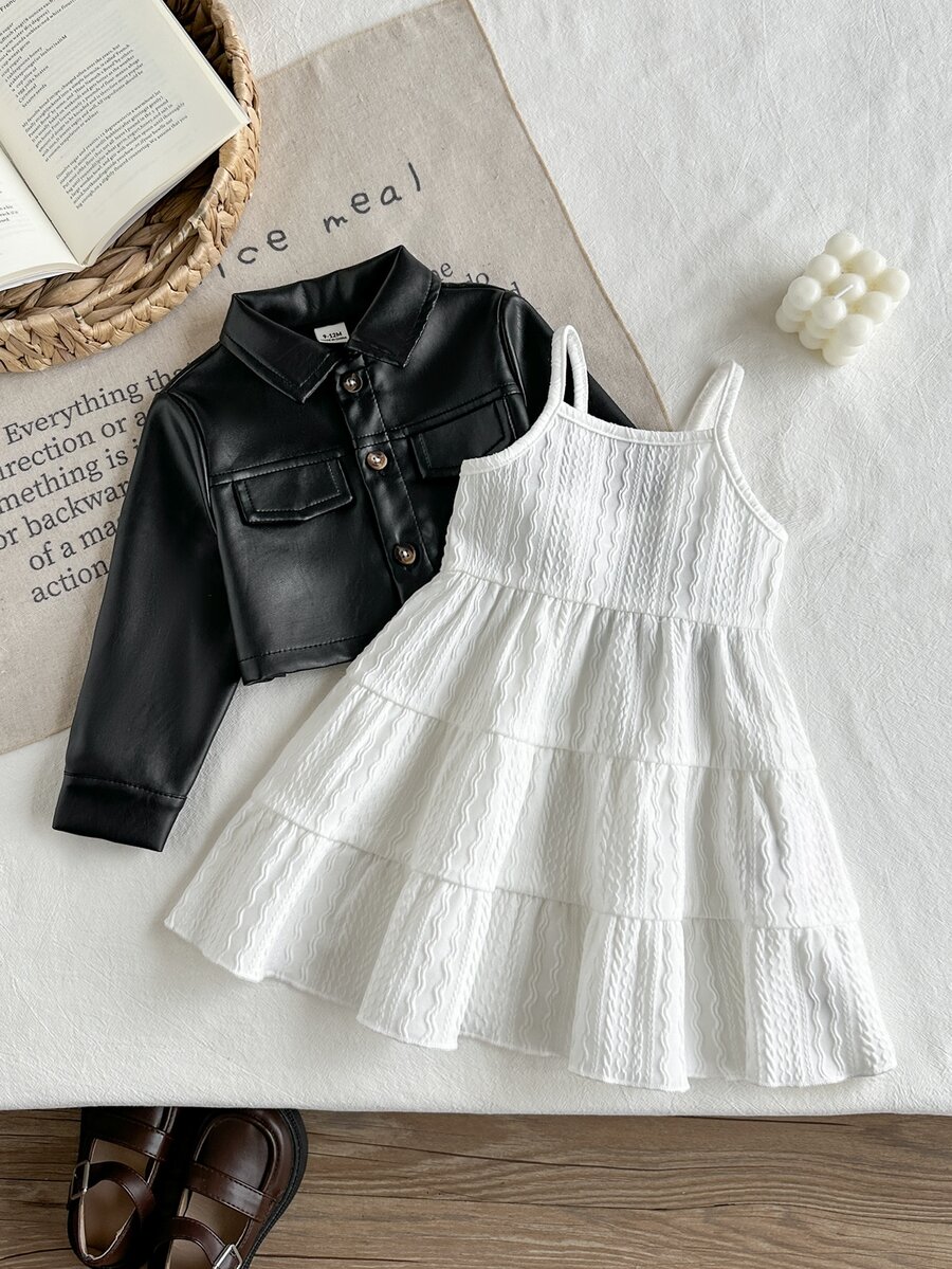 SHEIN Vintaside Kids 女嬰春秋短款黑色PU皮革夾克與白色提花肩帶洋裝2件套,優雅時尚,適合室內/戶外拍照及其他場合 - 黑與白 - 查看 1