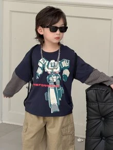 Transformers Evergreen X DAZY Young Boy Loose Casual Straight Leg Striped 2 In 1 Graphic Autumn T-Shirt - Dark Grey - View 4