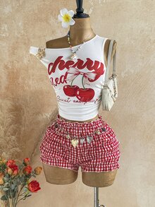 Soleia Plus Size Sexy Asymmetrical Shoulder Metal Flower Decor Top And Plaid Ruffle Hem Shorts 2 Pieces Set - Red - View 9