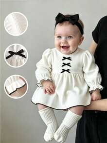 SHEIN Newborn Baby Girls A-Line Dress Sweet Elegant White Black 3D Bow Ribbed Frill Puff Sleeve Round Neck Birthday Party Autumn Winter Fall Soft Ribbing - Beige - View 2