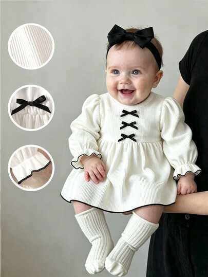 SHEIN Infant Girl Sweet Dress, 3D Bow, Frill Trim, Plush Long Sleeve, A-Line Dress, Soft And Comfortable Fabric, 3D Bow Exquisite And Sweet, Suitable For Birthday Party, Holiday Party, Daily Wear, Autumn/Winter New Arrival, Suitable For 0-1 Years Old