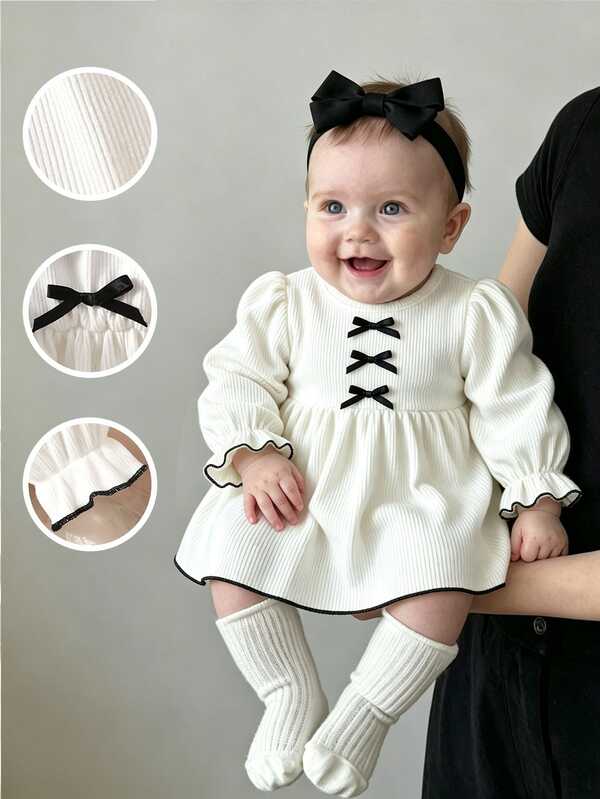SHEIN Infant Girl Sweet Dress, 3D Bow, Frill Trim, Plush Long Sleeve, A-Line Dress, Soft And Comfortable Fabric, 3D Bow Exquisite And Sweet, Suitable For Birthday Party, Holiday Party, Daily Wear, Autumn/Winter New Arrival, Suitable For 0-1 Years Old