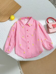 SHEIN 少女可愛時尚休閒百搭翻領條紋水果圖案落肩寬鬆長袖襯衫，學院風，返校季 - 粉色 - 查看 7