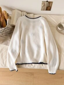 CosyJoli Women's Shell Embroidery Colorblock Long Sleeve Versatile Sweater - Apricot - View 2