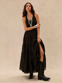 Easelle Vintage Boho Casual Bohemian Waist-Cinched Patchwork Women's Dress Vacation Concert Black Summer - Black - View 4