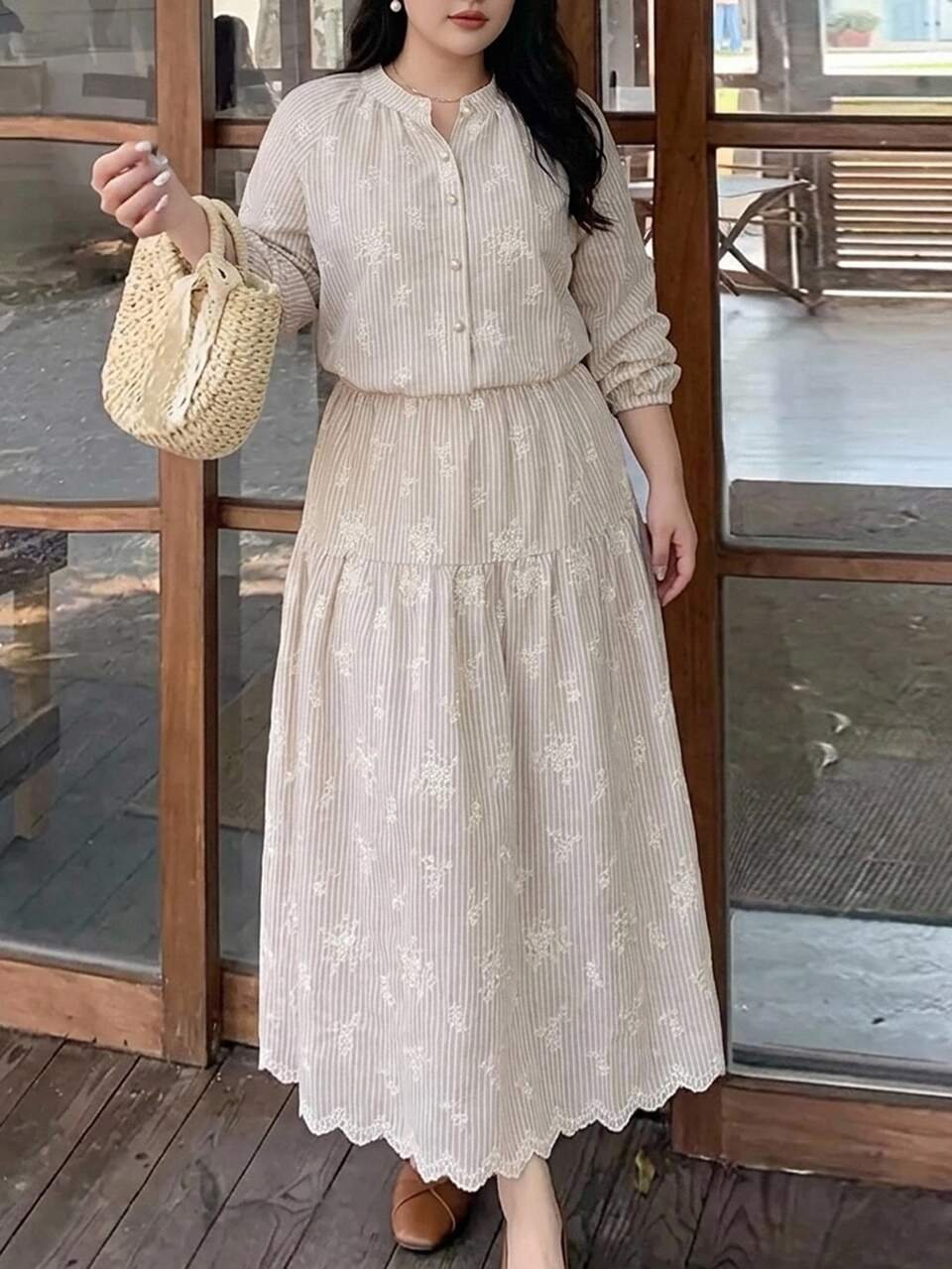 Dazy Plus Spring/Summer Women's Casual Striped All-Over Floral Embroidered Stand Collar Shirt & A-Line Skirt 2 Pieces Set