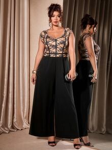 Cravure Women's V-Neck Lace Pattern Print Fashion Youthful Slimming Plus Size Jumpsuit, Summer - Black - View 1