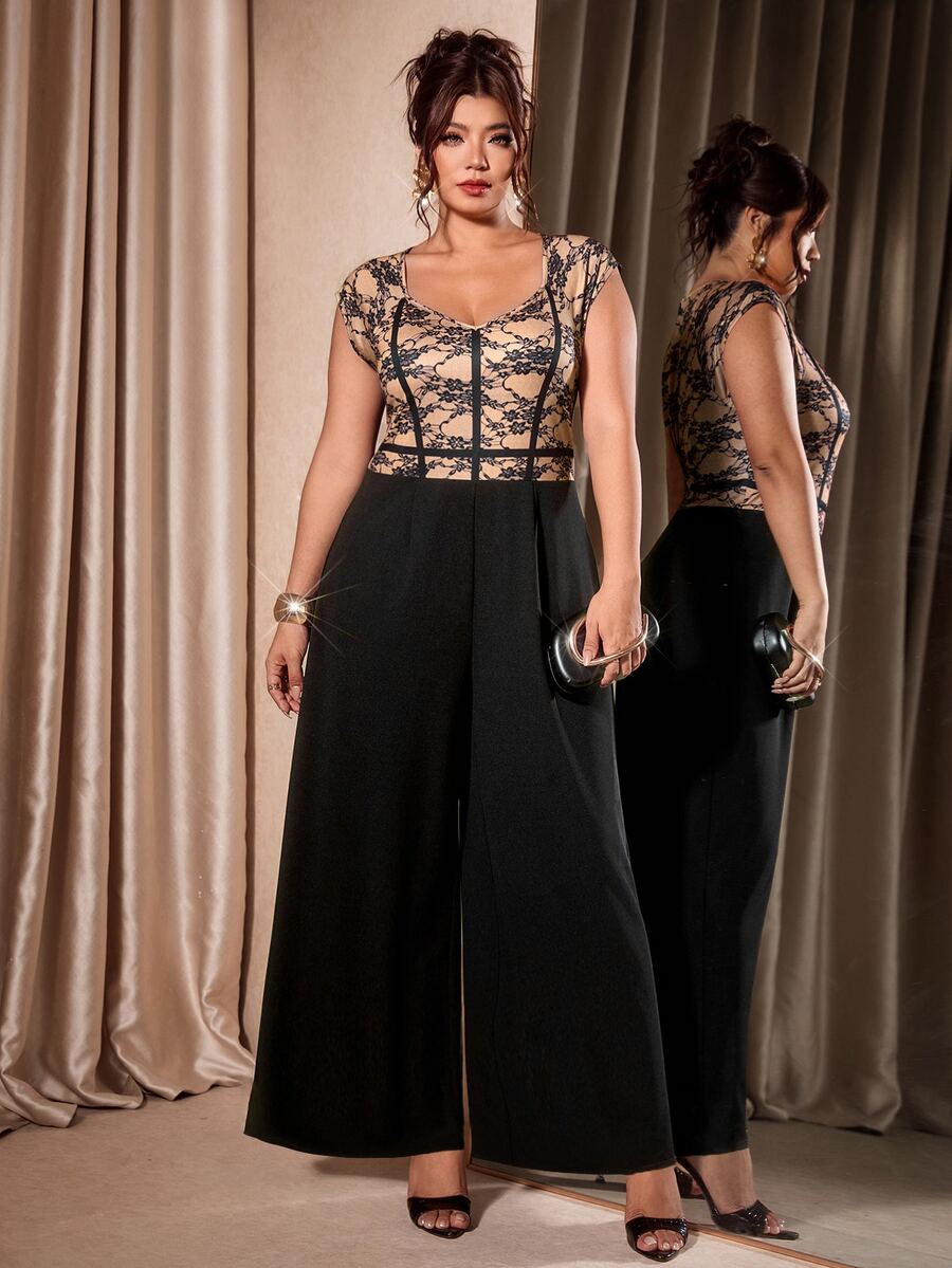Cravure Women's V-Neck Lace Pattern Print Fashion Youthful Slimming Plus Size Jumpsuit, Summer - Black - View 1