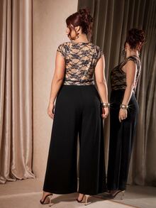 Cravure Women's V-Neck Lace Pattern Print Fashion Youthful Slimming Plus Size Jumpsuit, Summer - Black - View 2