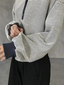 FRIFUL 女款半開襟鈕扣長袖條紋休閒T恤 秋季 - 藍色 - 查看 7