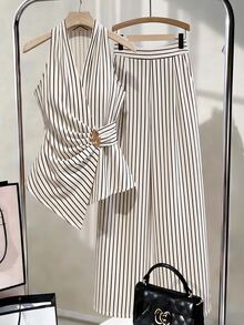 Linhara Plus Size Women's Sleeveless Two Pieces Set, Pleated Design, Blue White Stripe Metal Buckle, Zipper, Elastic Waist, Hand Pockets, Straight Leg Pants - Multicolor - View 7