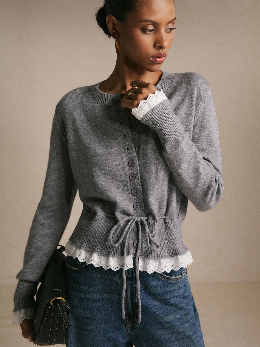 Poéselle Women's Heather Gray Soft Knit Cardigan, Button Front Crew Neck Drawstring Waist Long Sleeve Cozy Sweater, Coquette Fall Layering Top,French Elegant - Grey - View 1