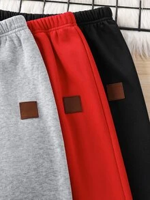SHEIN 買1送2 童裝大童男孩休閒保暖內裡加厚運動長褲，麻灰色、豆綠色、黑色，基礎下裝，男孩套裝，適合秋冬、學校、派對，秋季穿搭，冬季穿搭 - 彩色 - 查看 3