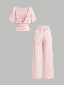Sweetra New Backless Top And High-Waisted Straight Leg Pants 2 Pieces Set, Suitable For Commuting And Streetwear - Pink - View 2
