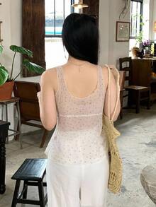 Dazy Plus Plus Size Korean Style Chiffon Polka Dot Lace Patchwork Tank Top - Apricot - View 6