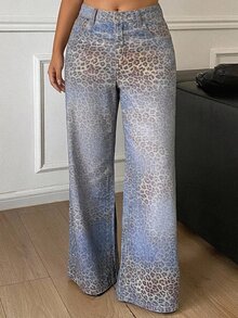 Dazy Plus Plus Size Women's Autumn Gradient Leopard Print Washed Blue Loose Straight Leg Wide Leg Casual Streetwear Denim Jeans - Medium Wash - View 3