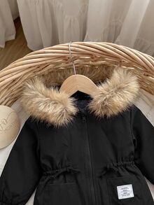 Baby Girl Cute Autumn/Winter Versatile Black Thermal-Lined Hooded Fur Collar Jacket - Black - View 3