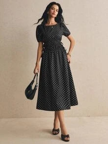 Poéselle Vestido largo casual de mujer con lunares y plisado para fiesta y viaje - Negro - Ver 3