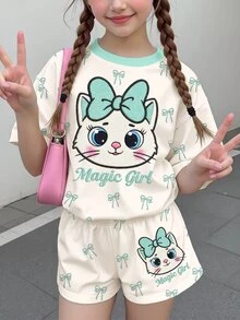 女童休閒簡約可愛刺繡紋理卡通小貓圖案，綠色蝴蝶結波點短袖短褲兩件套，適合夏季，圖案、卡哇伊、Y2K、舒適，女童套裝，小貓 - 彩色 - 查看 2