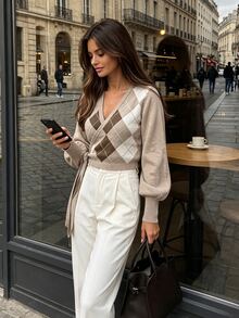 SHEIN PariChic Sweater Wanita Kasual Motif Argyle Patchwork dengan Tali Pengikat, Musim Gugur/Dingin - MultiWarna - View 4